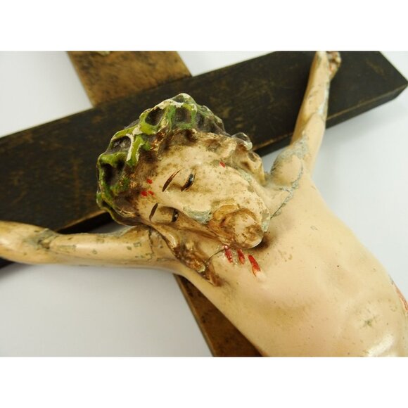 LARGE Wall Crucifix Vintage HEAVY Wear and Damage to Jesus Corpus Needs TLC - Picture 3 of 16